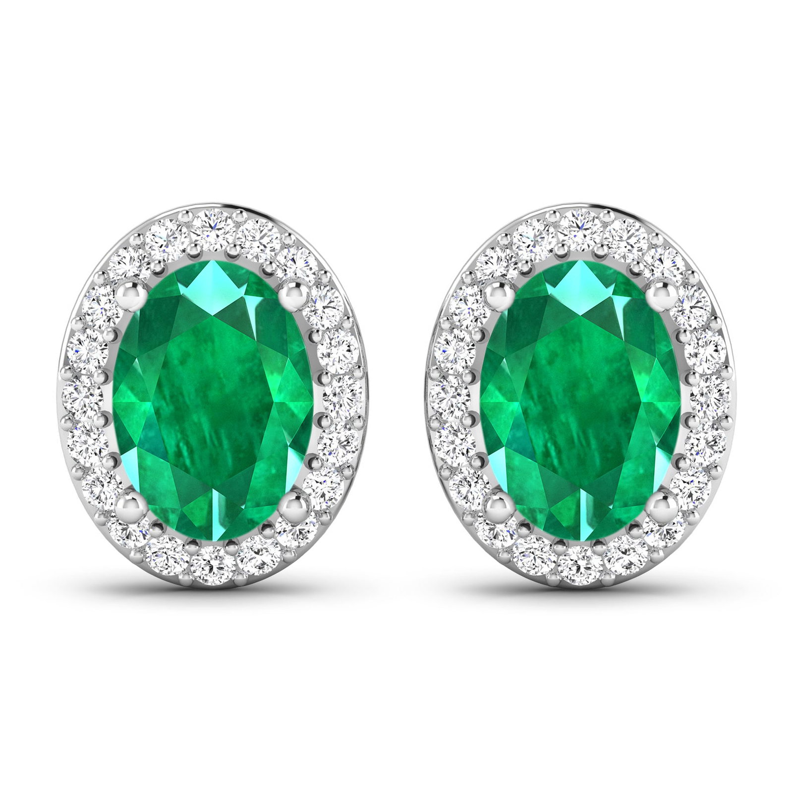 14KT White Gold 1.12ctw Zambian Emerald and Diamond Earrings: Zambian Emerald (AA) Oval 7x5mm - 2Pcs + White Diamond F/C Round 1.10mm - 40Pcs (I1-I2/I color) ( Push Post ) Total weight of gemstones is 1.12cts. Total Diamond weight is 0.26cts. Total weight of the