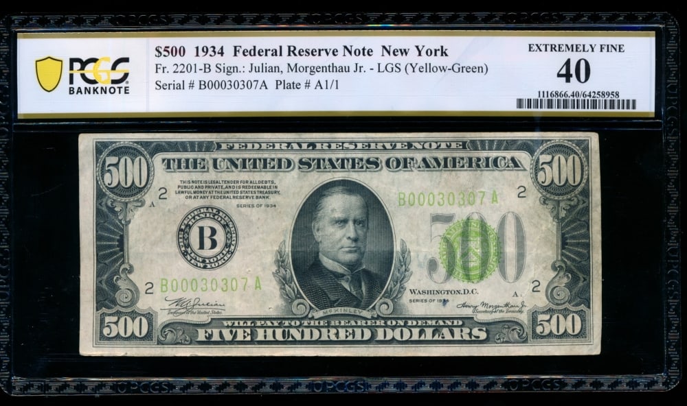 1934 $500 New York FRN PCGS 40: One 1934 $500 New York FRN PCGS 40.
