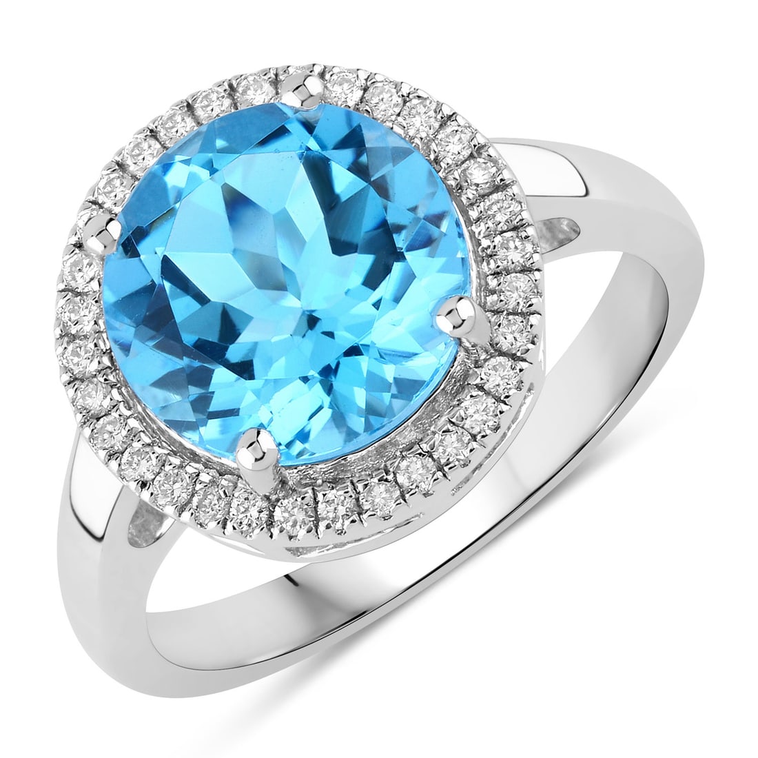 Plated Rhodium 4.00ct Swiss Blue Topaz and Lab Diamond Ring: Swiss Blue Topaz Round/10.00mm - 1/4.00 ctw Prong Setting Natural Irradiated E + Lab Grown Diamond Round/1.10mm - 32/0.19 ctw. Ring size 7.