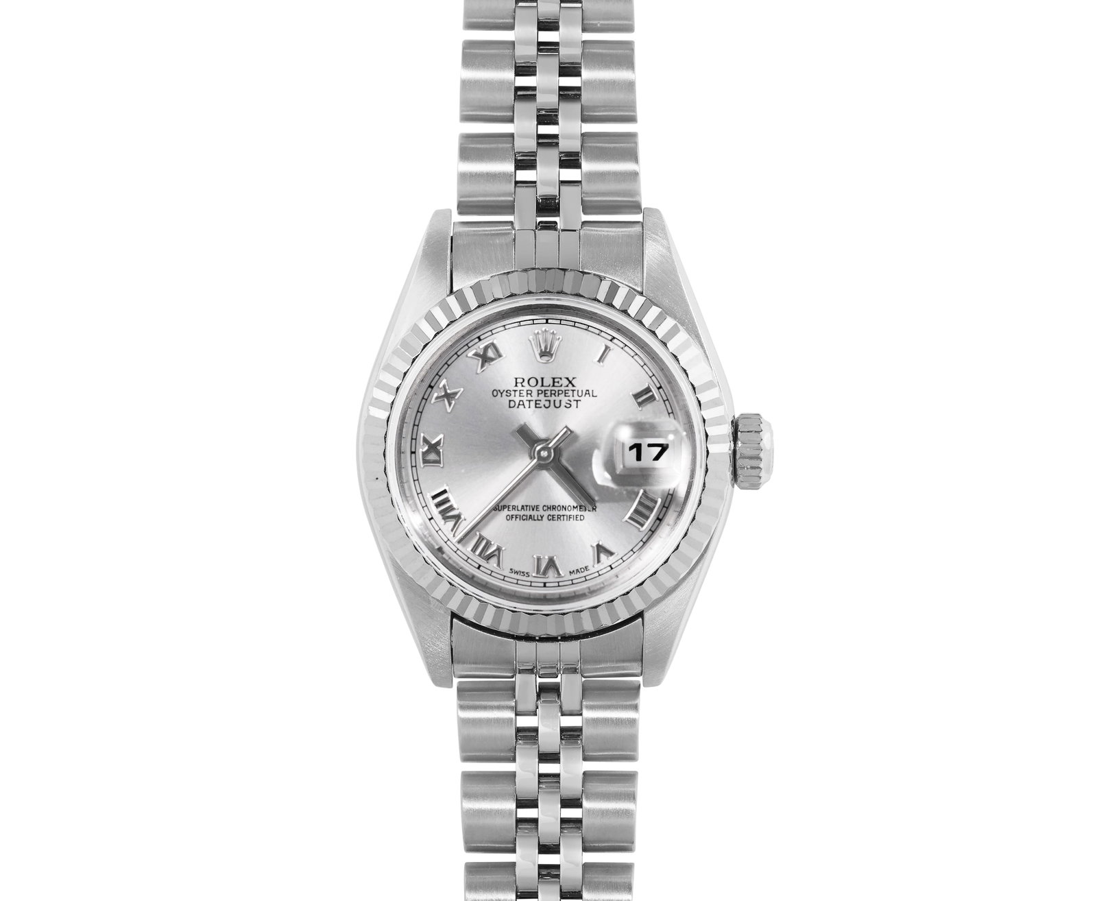 Rolex Ladies Stainless Steel Silver Roman 18K White Gold Fluted Quickset Datejust Watch: This Lady Rolex Quickset Datejust watch features a silver dial with roman hour markers and a sapphire crystal, with a magnified date window. The timepiece has a Rolex 18k white gold fluted bezel. The 