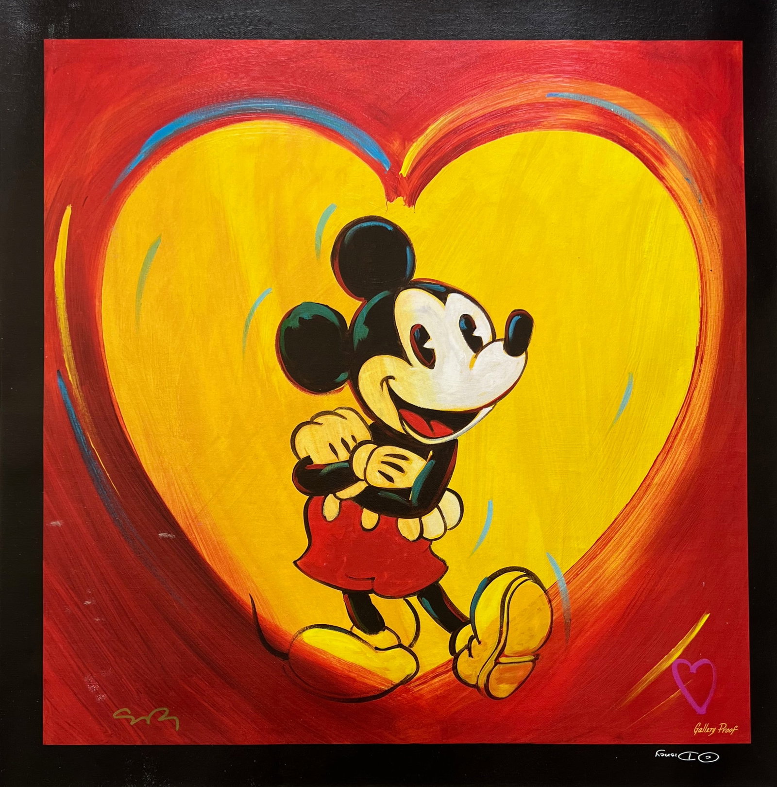 Simon Bull I HEART MICKEY MOUSE Hand Signed Giclee on Canvas: This is a hand signed original giclee on canvas of Mickey Mouse by Simon Bull titled I HEART MICKEY. This piece is marked as a gallery proof. Canvas size: 24 inches x 24 inches. This giclee was hand s