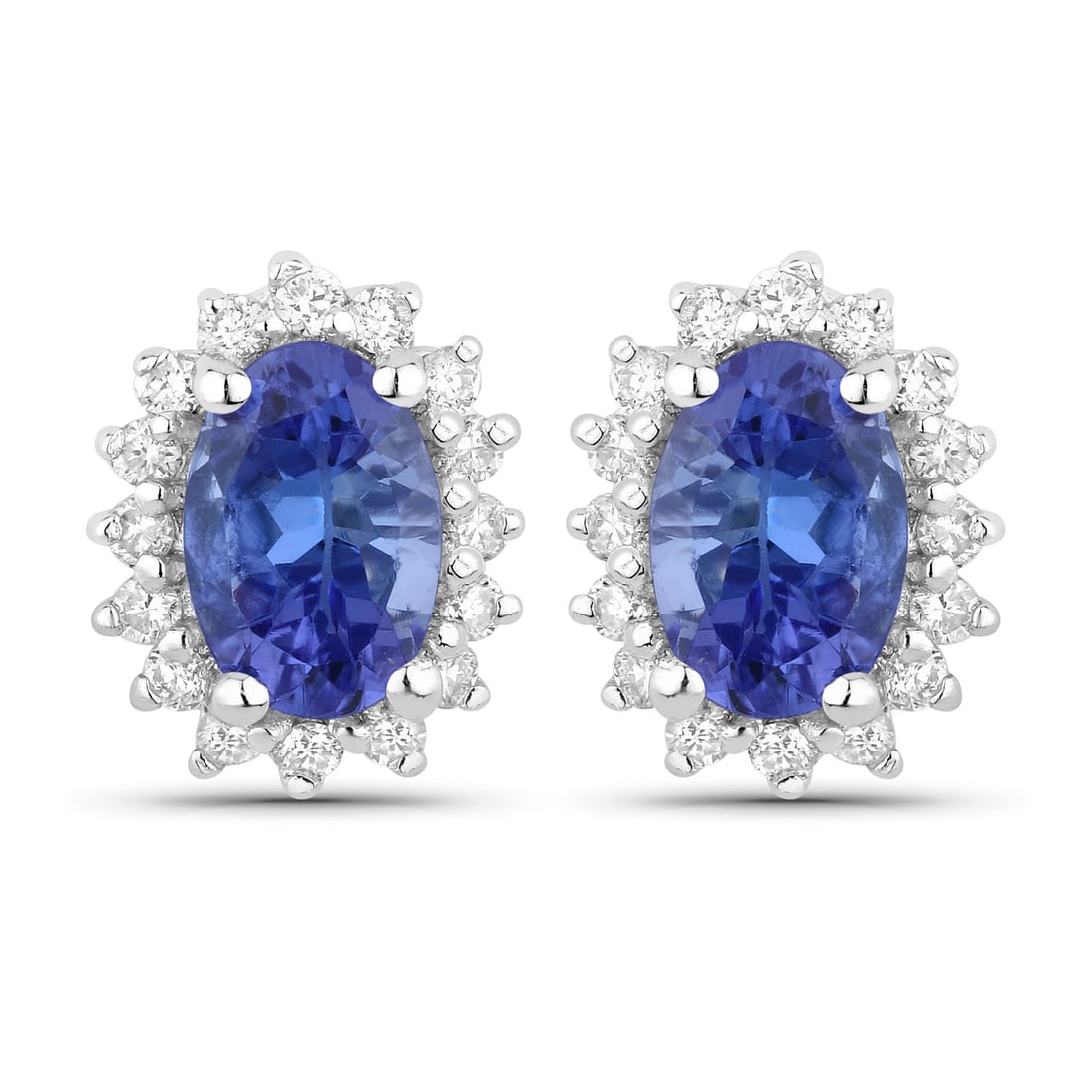 Plated Rhodium 0.88ctw Tanzanite and Lab Diamond Earrings: Tanzanite Oval/6x4mm - 2/0.88 ctw Prong Setting Natural Heat Treated E + Lab Grown Diamond Round/1.20mm - 32/0.24 ctw