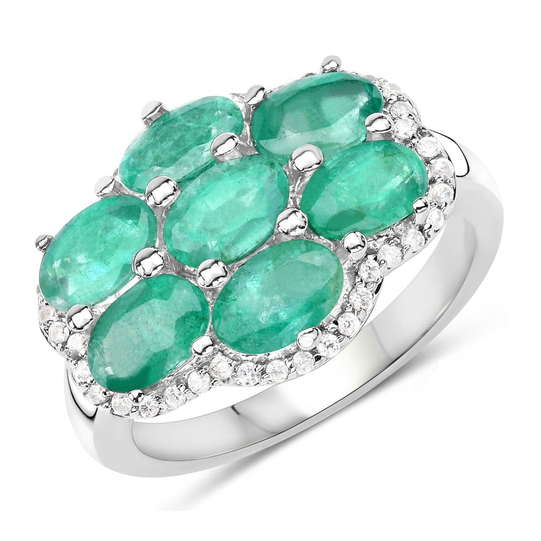 Plated Rhodium 3.08ctw Emerald and White Zircon Ring: 3.33 Carat Genuine Zambian Emerald and White Zircon .925 Sterling Silver Ring. Zambian Emerald Oval/6x4mm - 7/3.08 ctw Natural Oiled O + White Zircon Round/1.00mm - 42/0.25 ctw Synthetic Heat Treated 