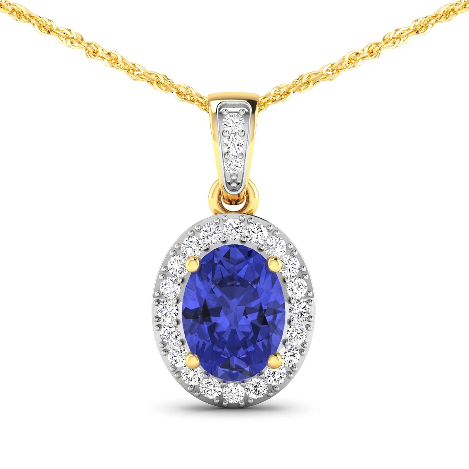 14KT Yellow Gold 1.09ct Tanzanite and Diamond Pendant with Chain: 1 Tanzanite stone with a total weight of 1.09cts. Tanzanite (AA+) Oval 8x6mm 1Pc + White Diamond F/C Round 1.20mm 22Pcs + White Diamond F/C Round 1.10mm 1Pc ( I1 I2/I color). Diamonds with a total wei