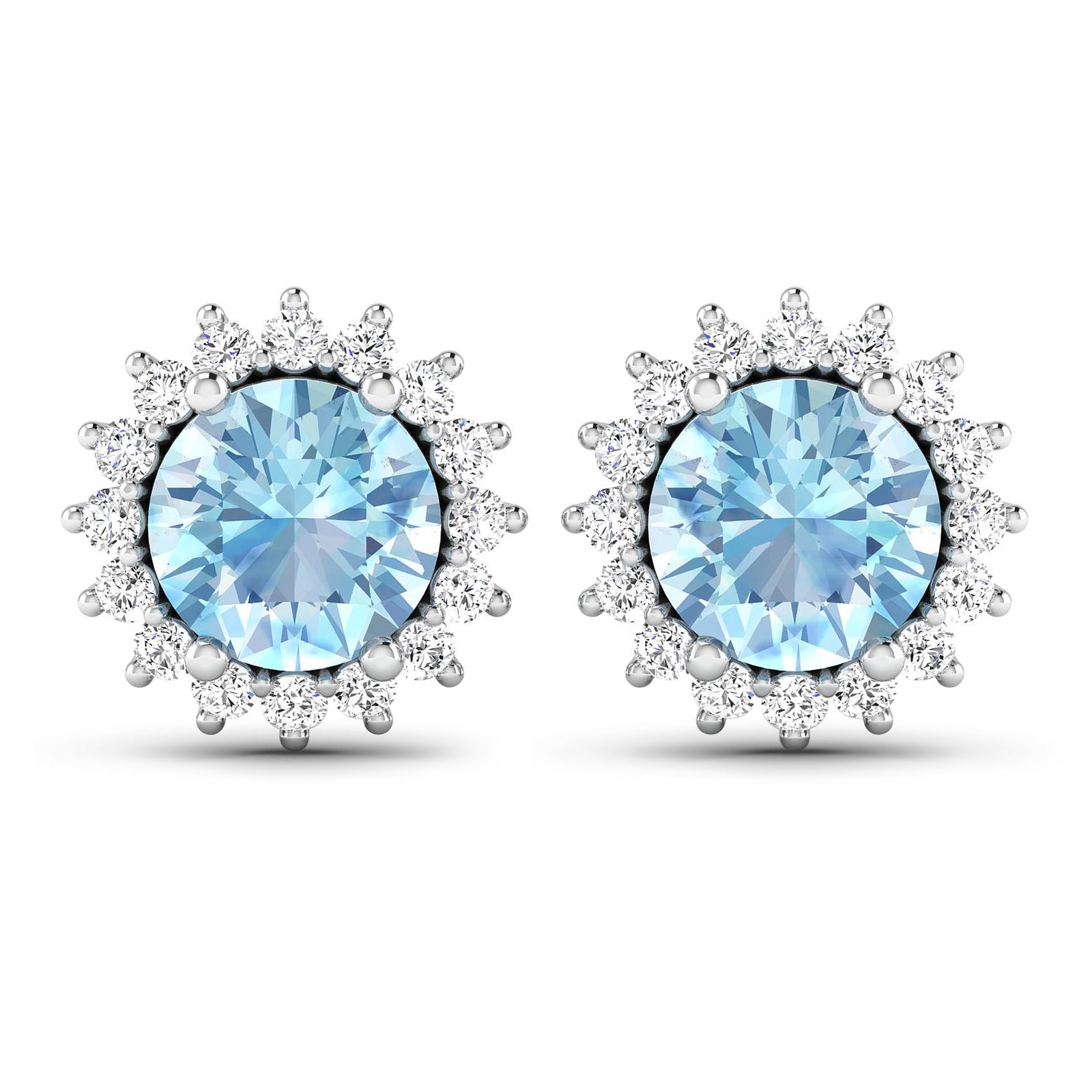 14KT White Gold 1.3ctw Aquamarine and Diamond Earrings: Aquamarine (AA+) Round 6.00mm - 2Pcs + White Diamond F/C Round 1.30mm - 32Pcs ( Push-Post ) ( I1-I2/I color ) Total weight of gemstones is 1.3cts. Total Diamond weight is 0.32cts. Total weight of thes