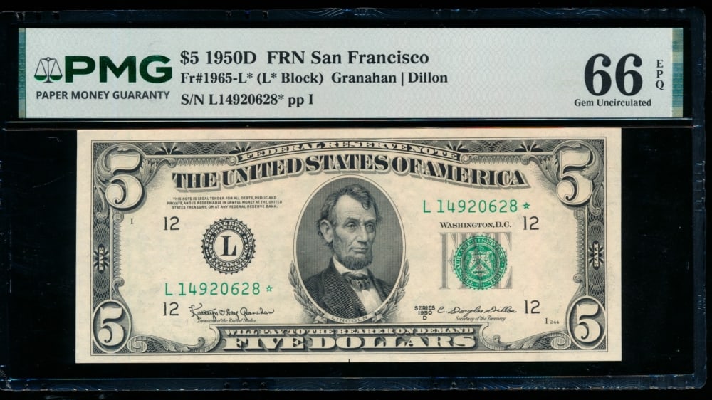 1950D $5 STAR San Francisco FRN PMG 66EPQ (1 of 2)
