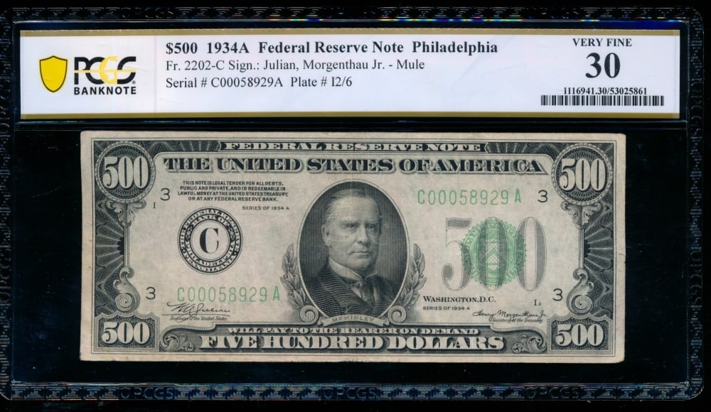1934A $500 Philadelphia FRN PCGS 30