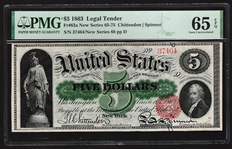 1863 $5 Legal Tender Note PMG 65EPQ (1 of 2)