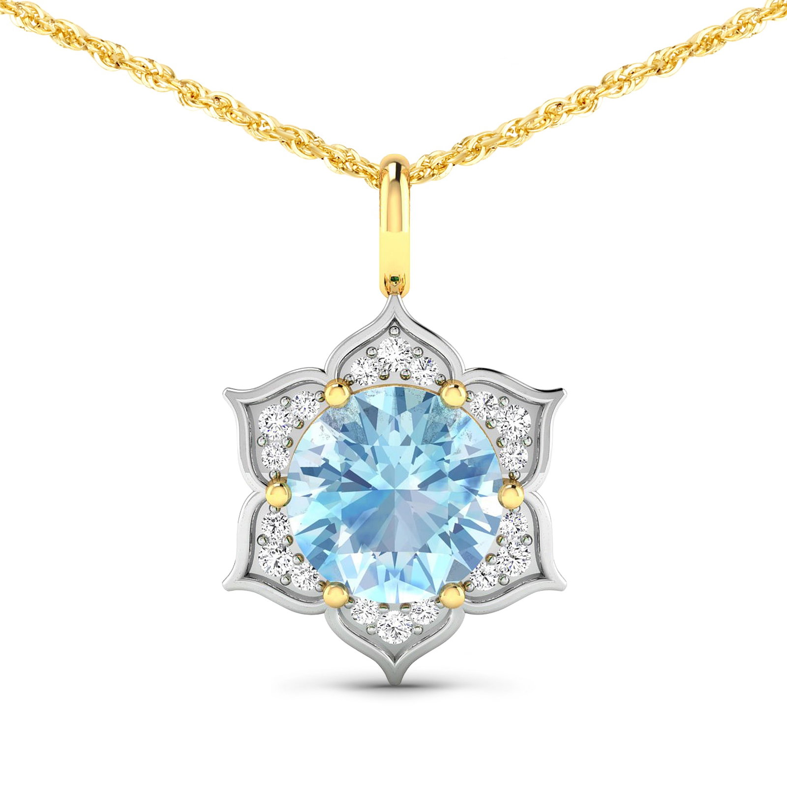 14KT Yellow Gold 1.9ctw Aquamarine and Diamond Pendant: Aquamarine (AA+) Round 8.00mm - 1Pc + White Diamond F/C Round 1.30mm - 6Pcs + White Diamond F/C Round 1.10mm - 12Pcs ( White Pan Rhodium ) ( SI2/HI color ) Total weight of gemstone is 1.9cts. Total Di