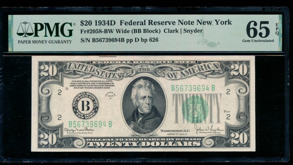 1934D $20 New York FRN PMG 65EPQ