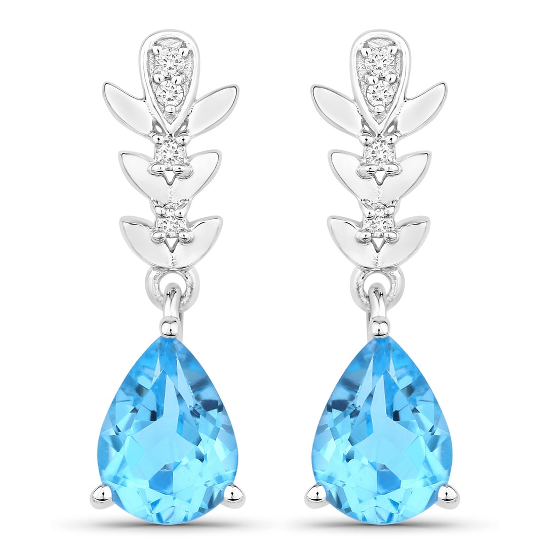 Plated Rhodium 2.30ctw Swiss Blue Topaz and Lab Diamond Earrings: Swiss Blue Topaz Pear/8x6mm - 2/2.30 ctw Prong Setting Natural Irradiated E + Lab Grown Diamond Round/1.30mm - 4/0.04 ctw + Lab Grown Diamond Round/1.20mm - 4/0.03 ctw