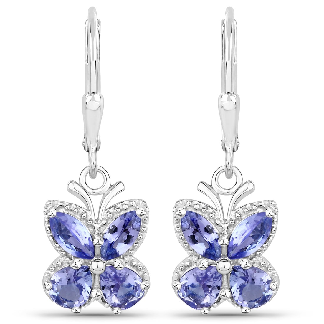 Plated Rhodium 2.08ctw Tanzanite Earrings: These rhodium?plated .925 sterling silver butterfly earrings feature a graceful arrangement of natural tanzanites, combining four 6?3?mm marquise?cut stones (0.96 ctw) with four 5?4?mm pear?cut stones