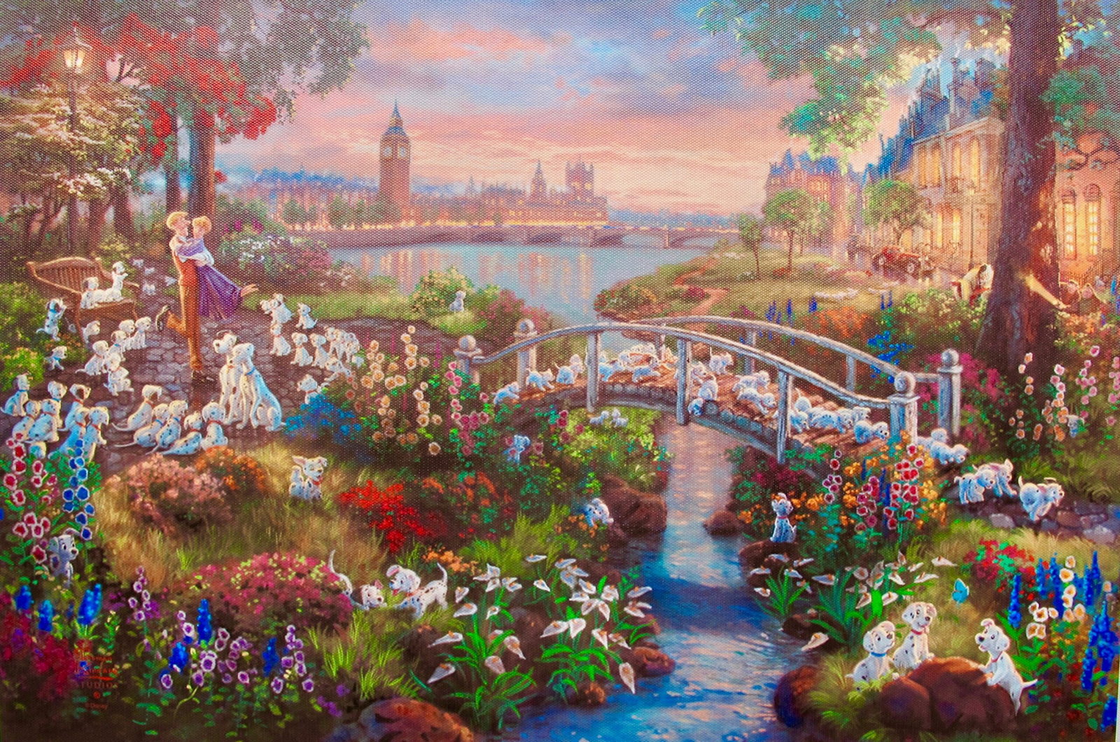 THOMAS KINKADE 101 Dalmatians Giclee on Canvas: This is a reproduction giclee on canvas by Thomas Kinkade titled 101 Dalmatians Measures: 12 inches x 18 inches. Beautiful rich colors! Comes unframed, un-stretched. Excellent condition!