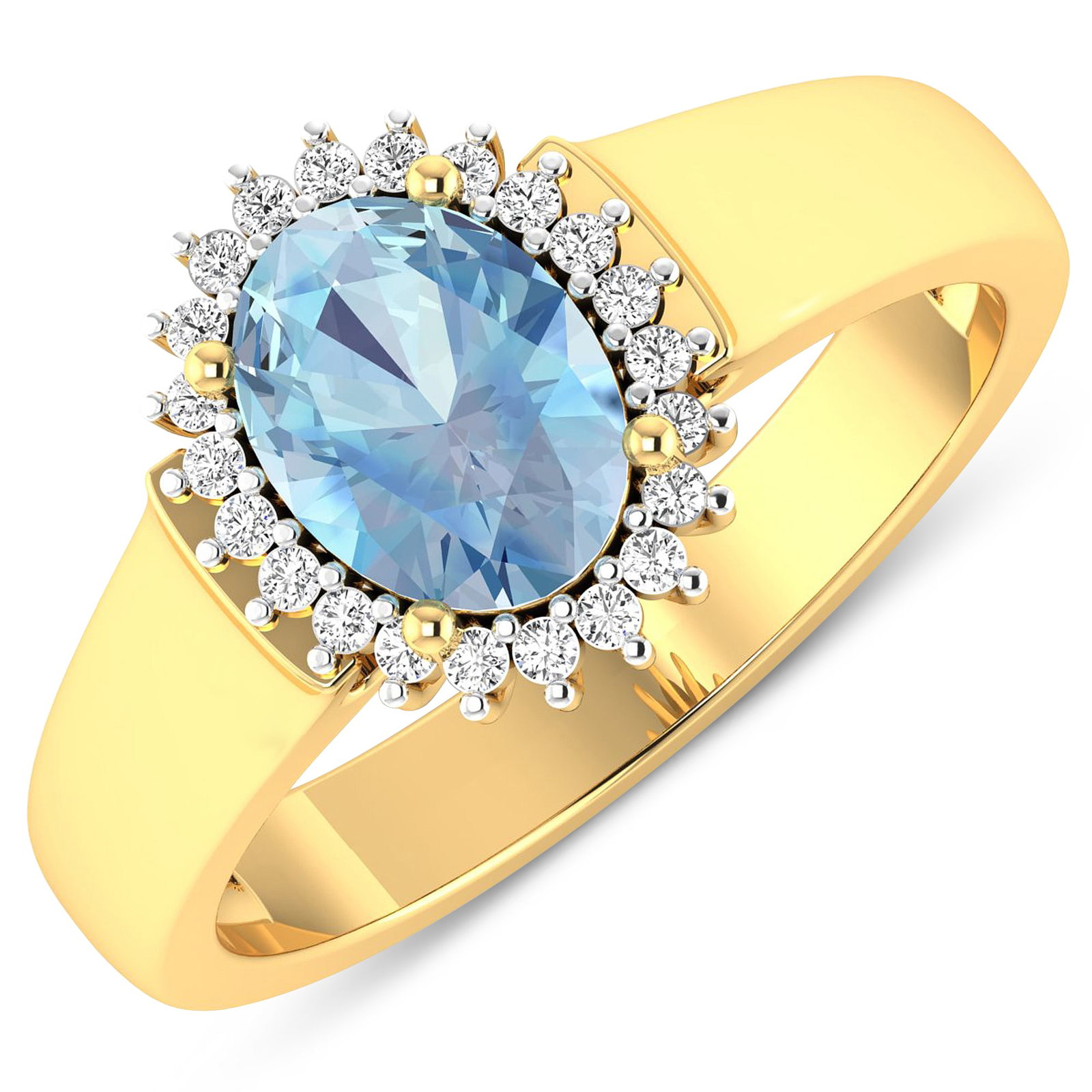 14KT Yellow Gold 0.96ct Aquamarine and Diamond Ring: Aquamarine (AA+) Oval 8x6mm - 1Pc + White Diamond F/C Round 1.00mm - 22Pcs ( White Pan Rhodium ) (I1-I2/I color). Total weight of gemstone is 0.96cts. Total weight of Diamonds is 0.1cts. Total weight 