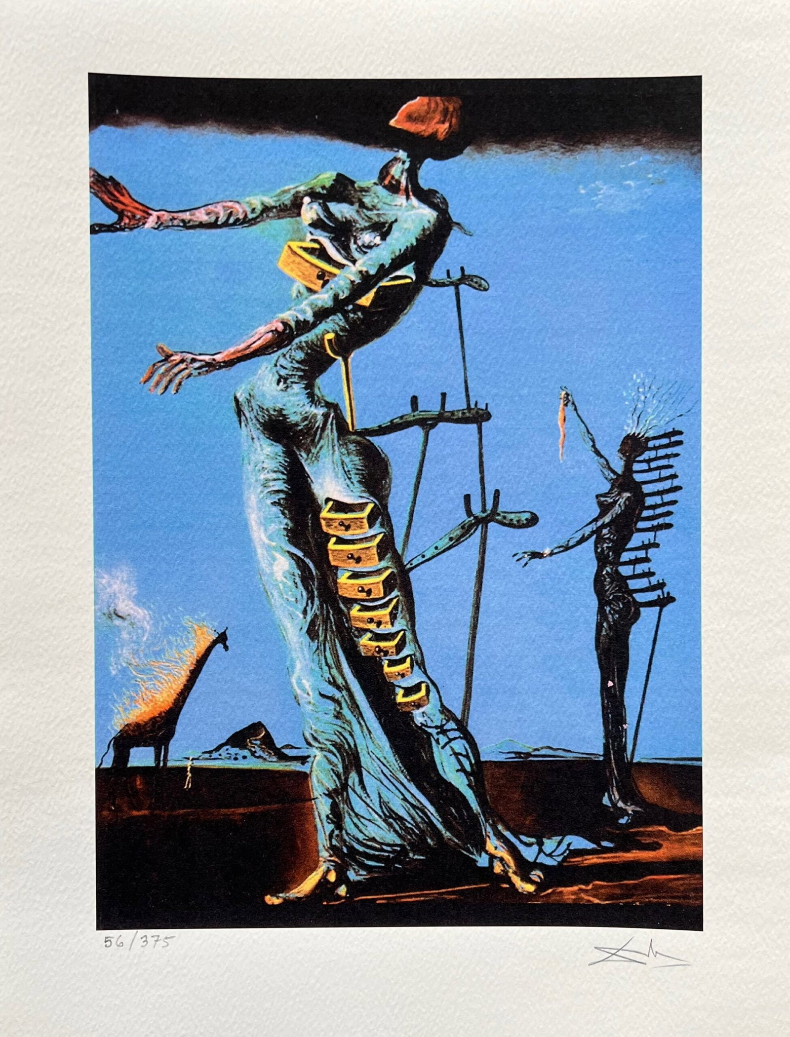 Salvador Dali BURNING GIRAFFE Facsimile Signed Limited Edition Giclee: This is a limited edition giclee titled BURNING GIRAFFE by Salvador Dali. This piece is facsimile signed on the lower right. Pencil numbered from an edition of 375. Paper measures 16 inches x 12 inche