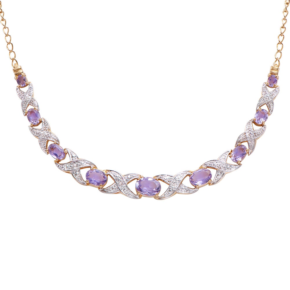 Plated 18KT Yellow Gold 4.00ctw Amethyst and Diamond Pendant with Chain: One Plated 18KT Yellow Gold 4.00ctw Amethyst and Diamond Pendant with Chain. (9) Amethyst stone with a total weight of 4.00cts. (8) Diamonds with a total weight of 0.06cts with a color of I-J and clar