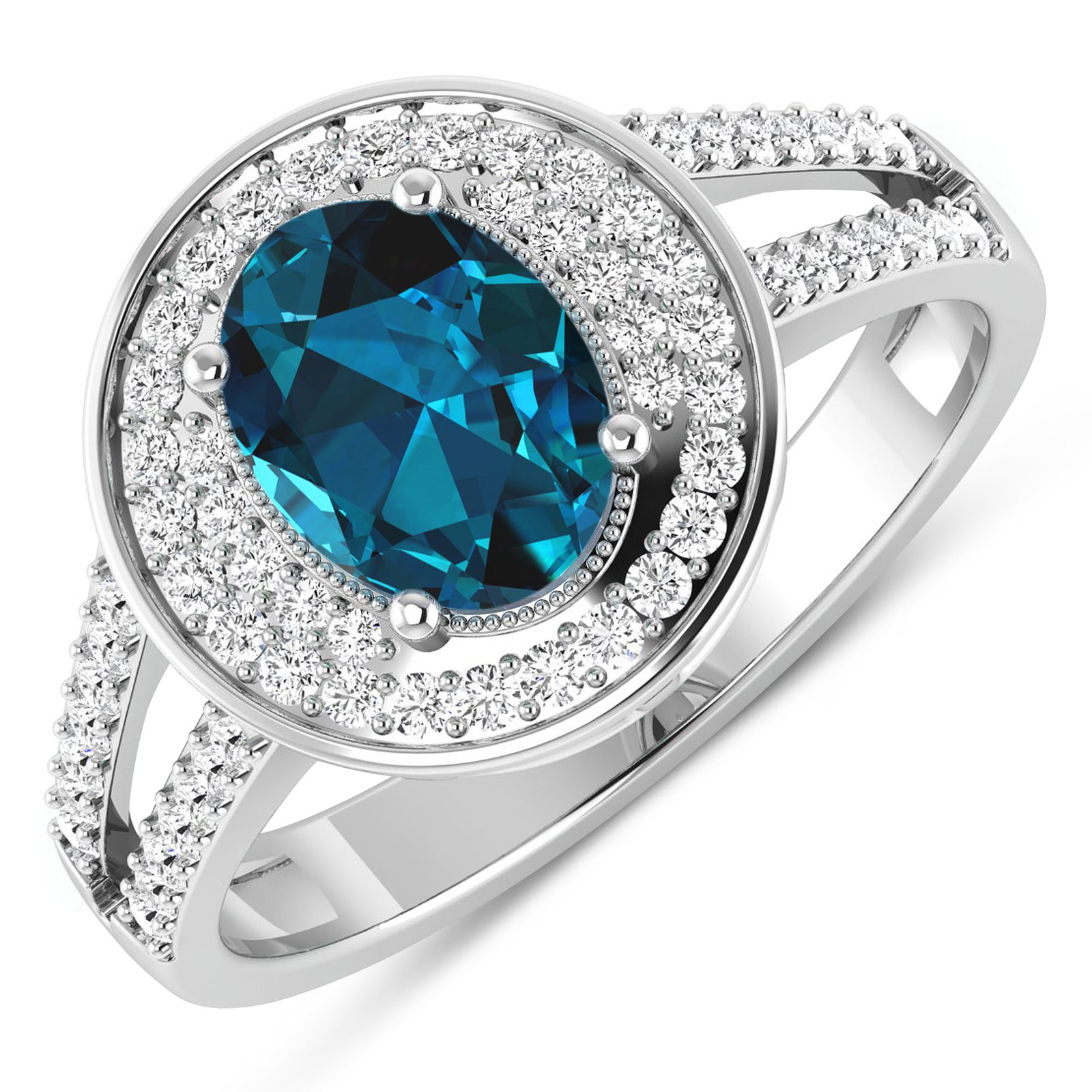 14KT White Gold 1.1ctw London Blue Topaz and Diamond Ring: London Blue Topaz Oval 8x6mm - 1Pc + White Diamond F/C Round 1.10mm - 24Pcs + White Diamond F/C Round 1.00mm - 40Pcs (I1-I2/I color) Total weight of gemstone is 1.1cts. Total Diamond weight is 0.34cts