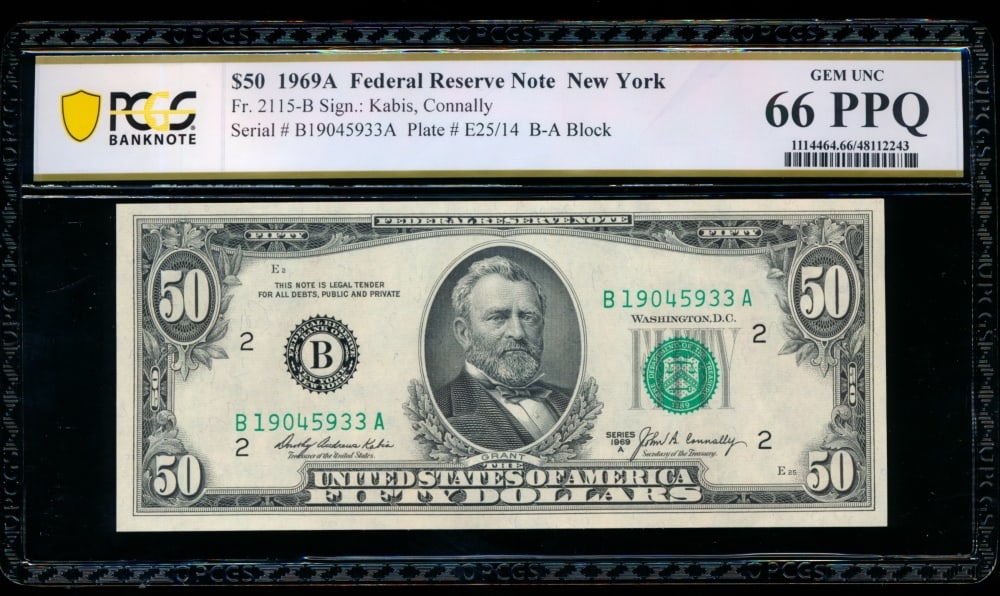 1969A $50 New York FRN PCGS 66PPQ: One 1969A $50 New York FRN PCGS 66PPQ.