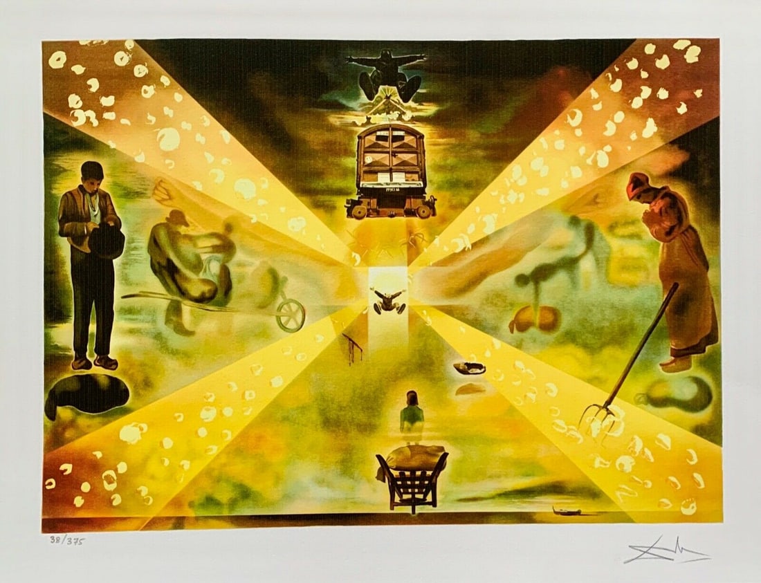 Salvador Dali STATION AT PERPIGNON Facsimile Signed Limited Edition Giclee: This is a limited edition giclee titled STATION AT PERPIGNAN by Salvador Dali. This piece is facsimile signed on the lower right. Pencil numbered from an edition of 375. Paper measures 12 inches x 16 