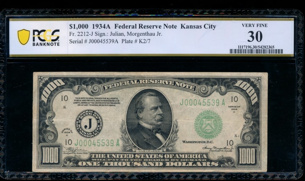 1934A $1000 Kansas City FRN PCGS 30