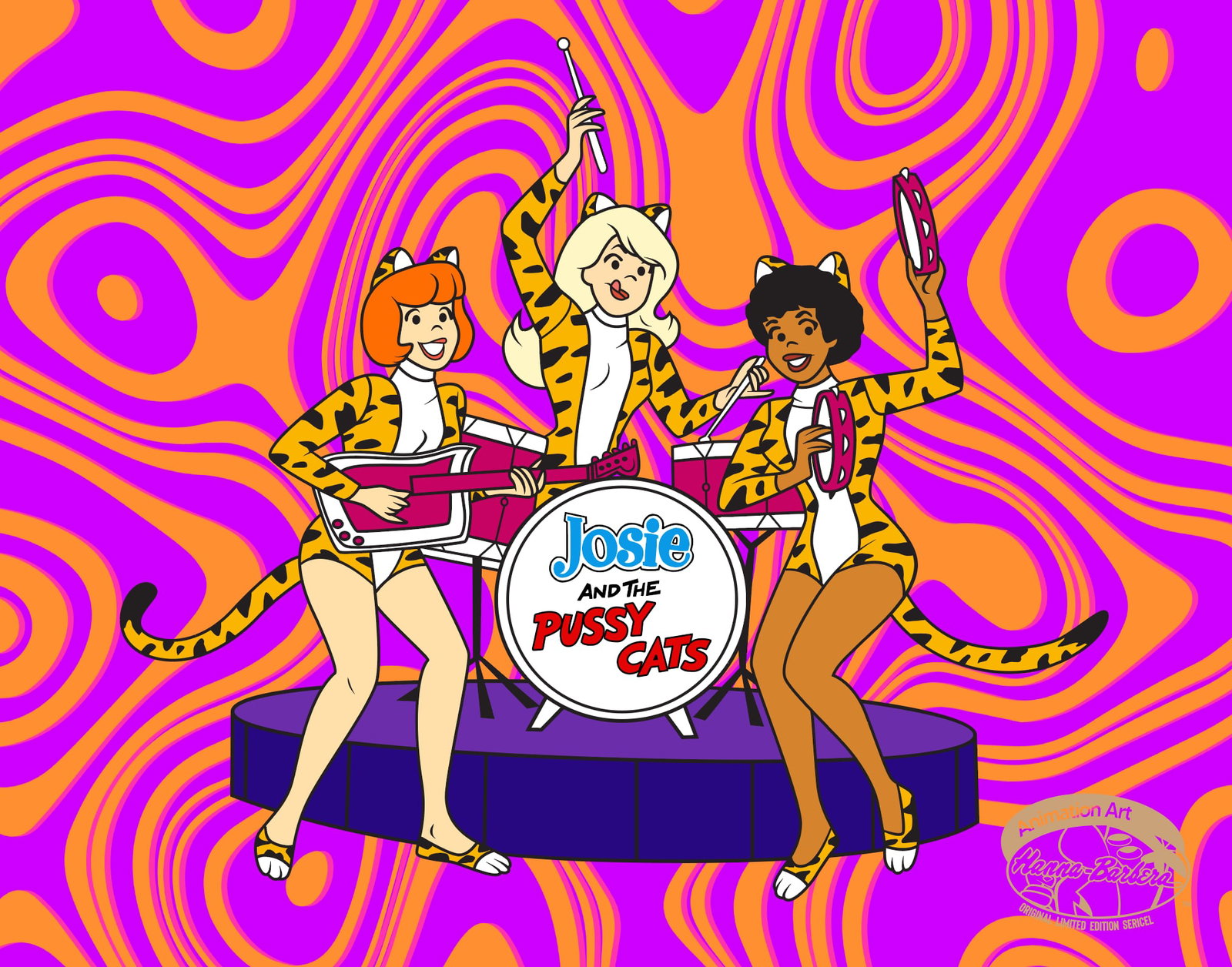 Hanna-Barbera JOSIE AND THE PUSSYCATS Sericel Animation Art Cel: This is a limited edition artistic recreation sericel of Hanna-Barbera Josie and the Pussycats. This fantastic animation features Josie McCoy, Valerie Brown & Melody Valentine as they appeared in the 