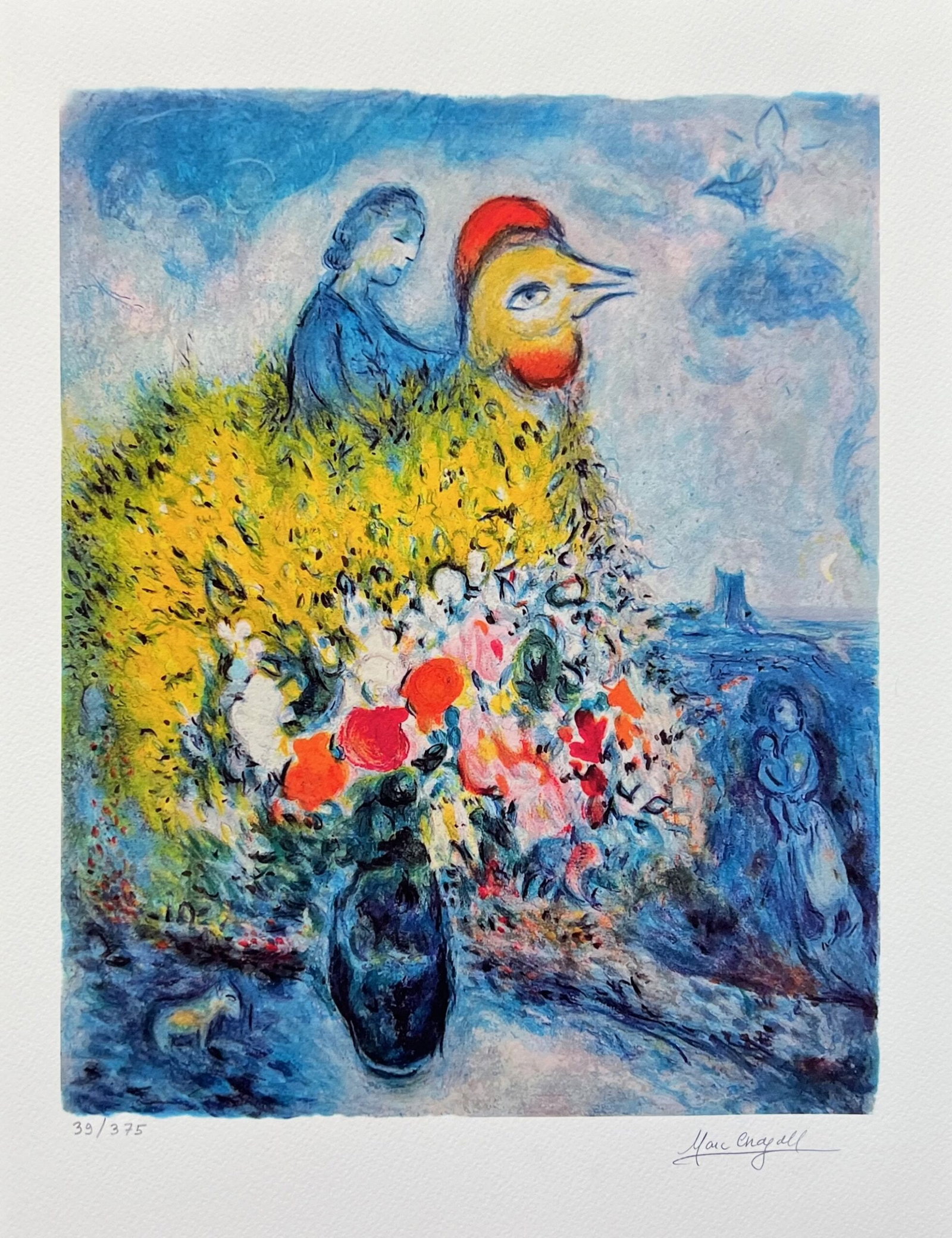 Marc Chagall LE COQ Facsimile Signed Limited Edition Giclee: This is a Marc Chagall limited edition small giclee titled LE COQ AVEC LE BOUQUET JUANE. This giclee is facsimile signed on the lower right and is pencil numbered on the lower left from an edition of 