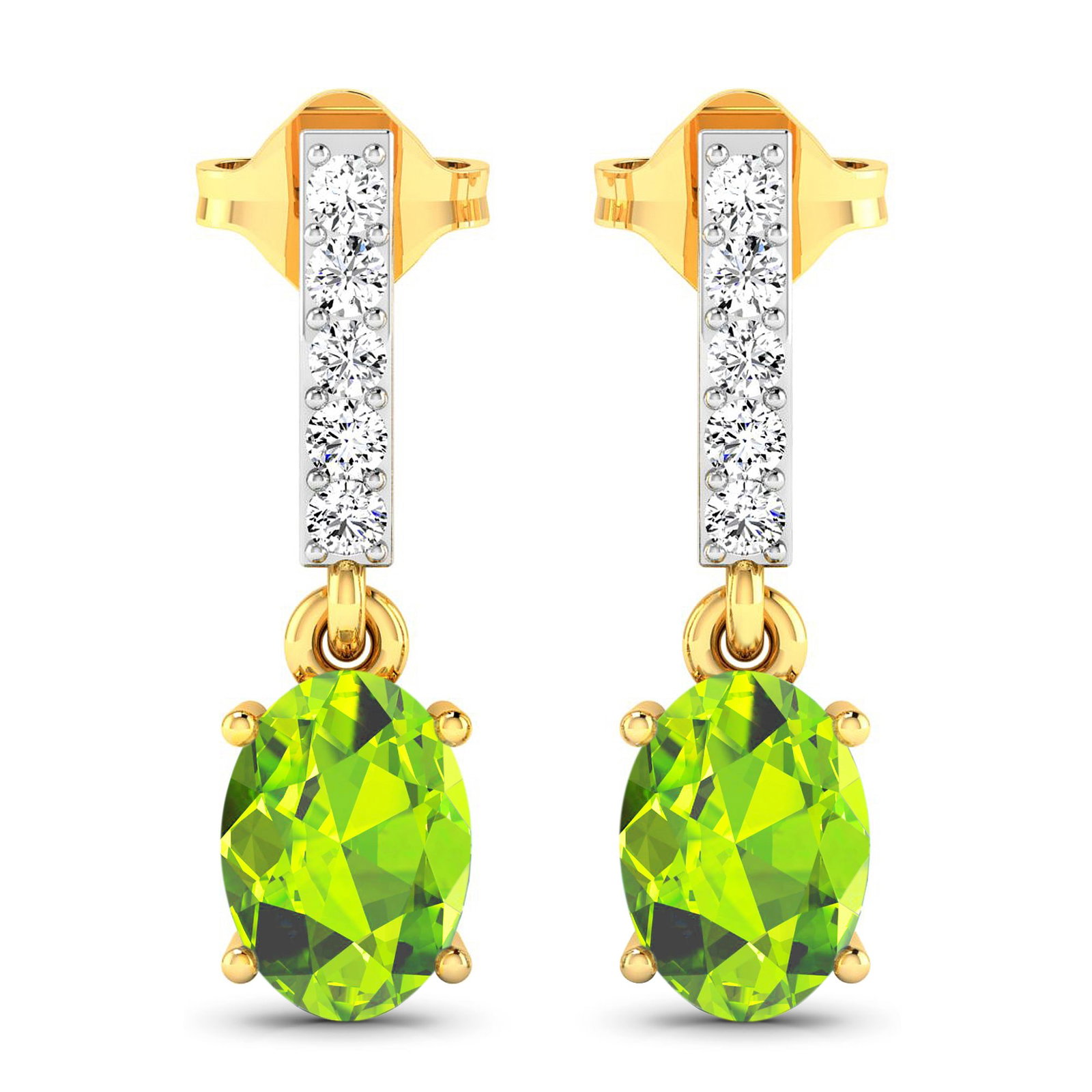 14KT Yellow Gold 1.26ctw Peridot Topaz and Diamond Earrings: Peridot Oval 7x5mm - 2Pcs + White Diamond F/C Round 1.50mm - 10Pcs ( Push-Post ) ( White Pan Rhodium ) ( I1-I2/I color ) Total weight of gemstones is 1.26cts. Total Diamond weight is 0.14cts. Total we