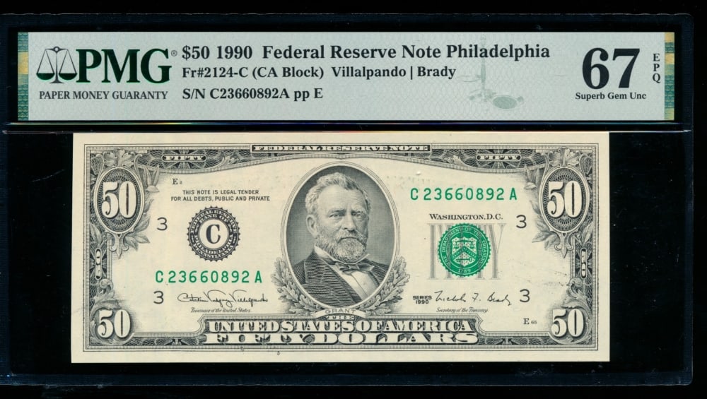 1990 $50 Philadelphia FRN PMG 67EPQ (1 of 2)