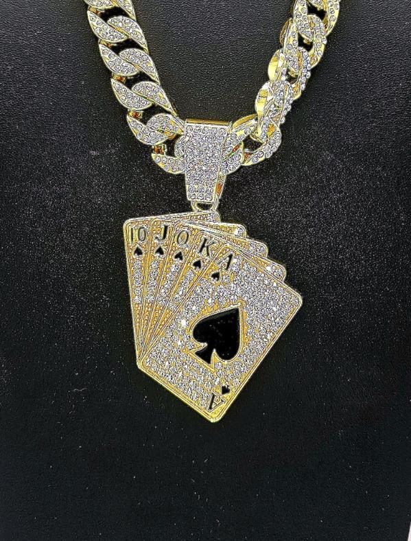 Dazzling Huge 176 Gram 18 Kt Gold Plate Royal Flush Necklace Pendant (1 of 6)