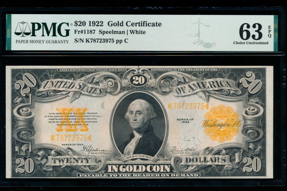 1922 $20 Gold Certificate PMG 63EPQ (1 of 2)