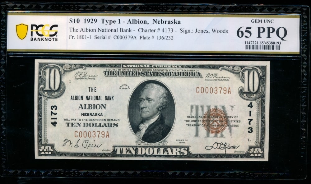 1929 $10 Albion NE National PCGS 65PPQ