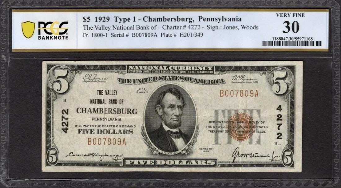 1929 $5 Chambersburg PA National PCGS 30 (1 of 2)