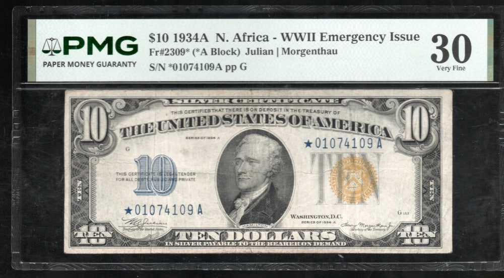1934A $10 STAR N Africa Silver Certificate PMG 30