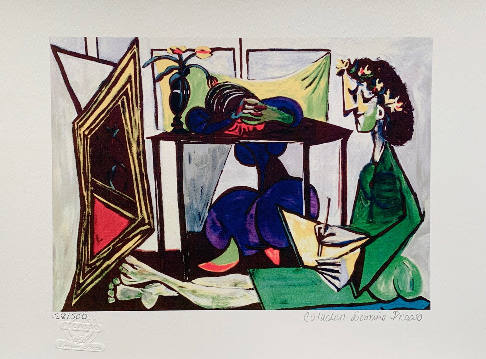 Pablo Picasso GIRL DRAWING Estate Signed Limited Edition Giclee: This is a PABLO PICASSO (ESTATE COLLECTION DOMAINE) (1881-1973) small giclee titled Interior with Girl Drawing. This piece is pencil signed on the lower right as Collection Domaine Picasso and has an 