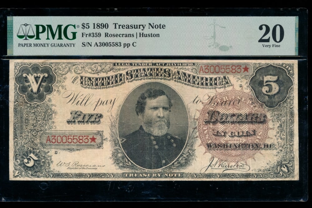 1890 $5 Treasury Note PMG 20 (1 of 2)