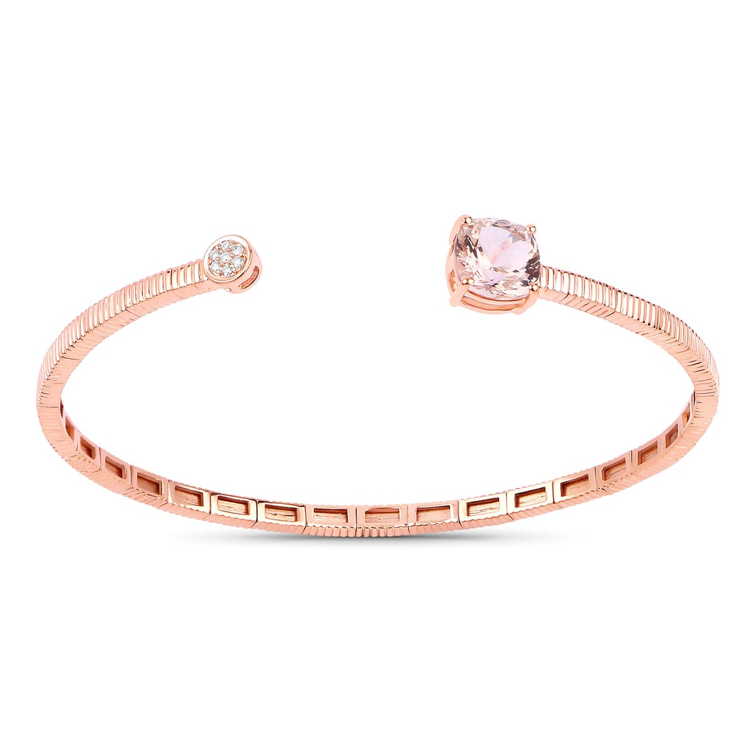 14KT Rose Gold 2.05ct Morganite and Diamond Bangle: This 14K rose gold bangle bracelet radiates feminine elegance, centered around a striking 8.00mm cushion-cut natural morganite weighing 2.00 carats, its delicate pink hue enhanced through irradiation 