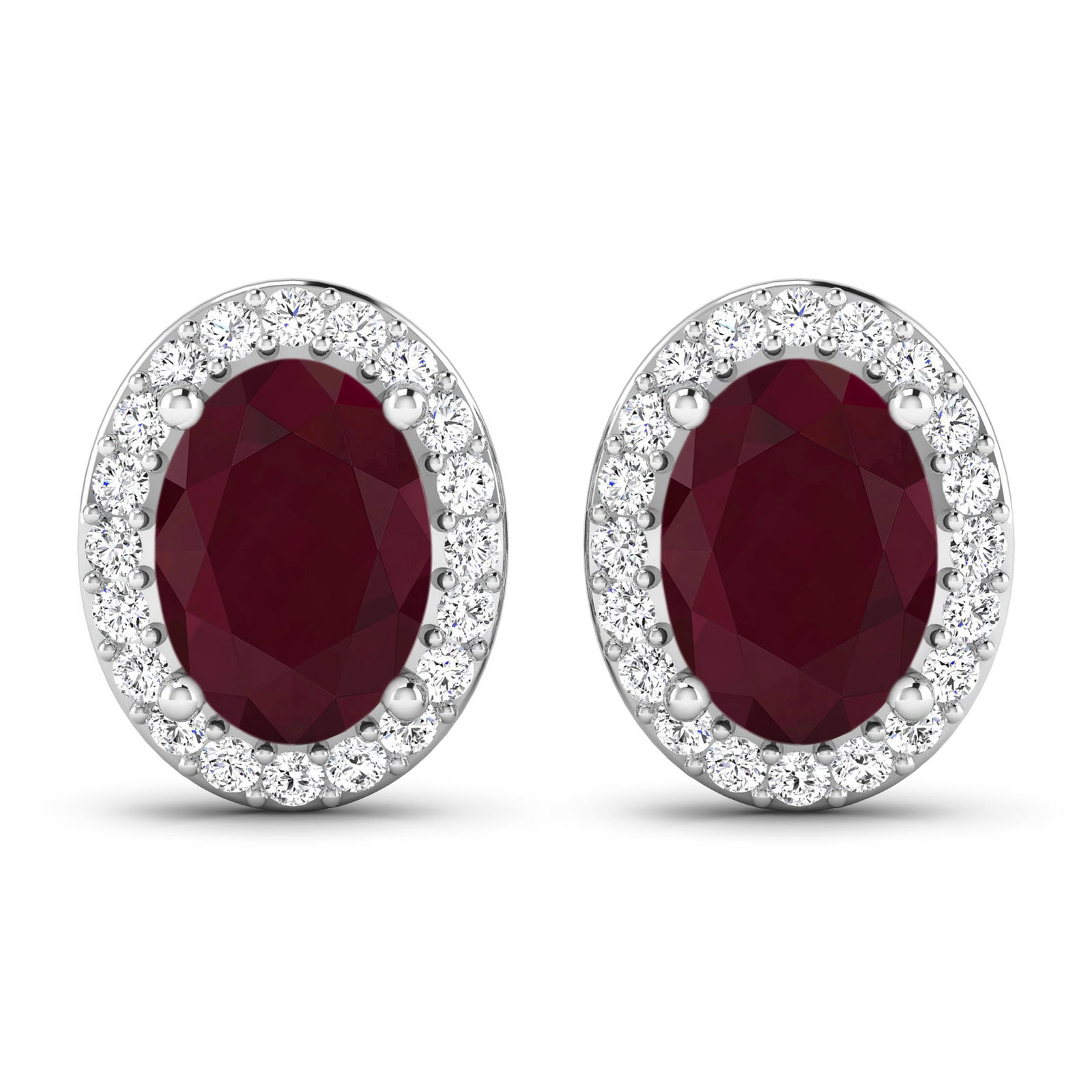 14KT White Gold 1.7ctw Ruby and Diamond Earrings: Ruby (AA) Oval 7x5mm - 2Pcs + White Diamond F/C Round 1.10mm - 40Pcs (I1-I2/I color) ( Push Post ) Total weight of gemstones is 1.7cts. Total Diamond weight is 0.26cts. Total weight of these earrings 