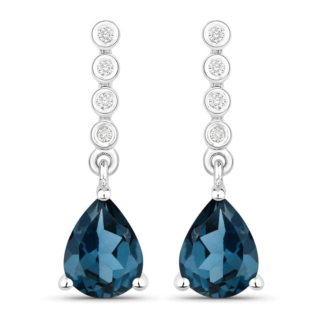 Plated Rhodium 2.30ctw London Blue Topaz and Lab Diamond Earrings: London Blue Topaz Pear/8x6mm - 2/2.30 ctw Prong Setting Natural Irradiated E + Lab Grown Diamond Round/1.20mm - 8/0.06 ctw