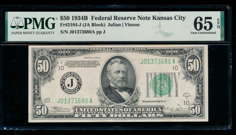 1934B $50 Kansas City FRN PMG 65EPQ