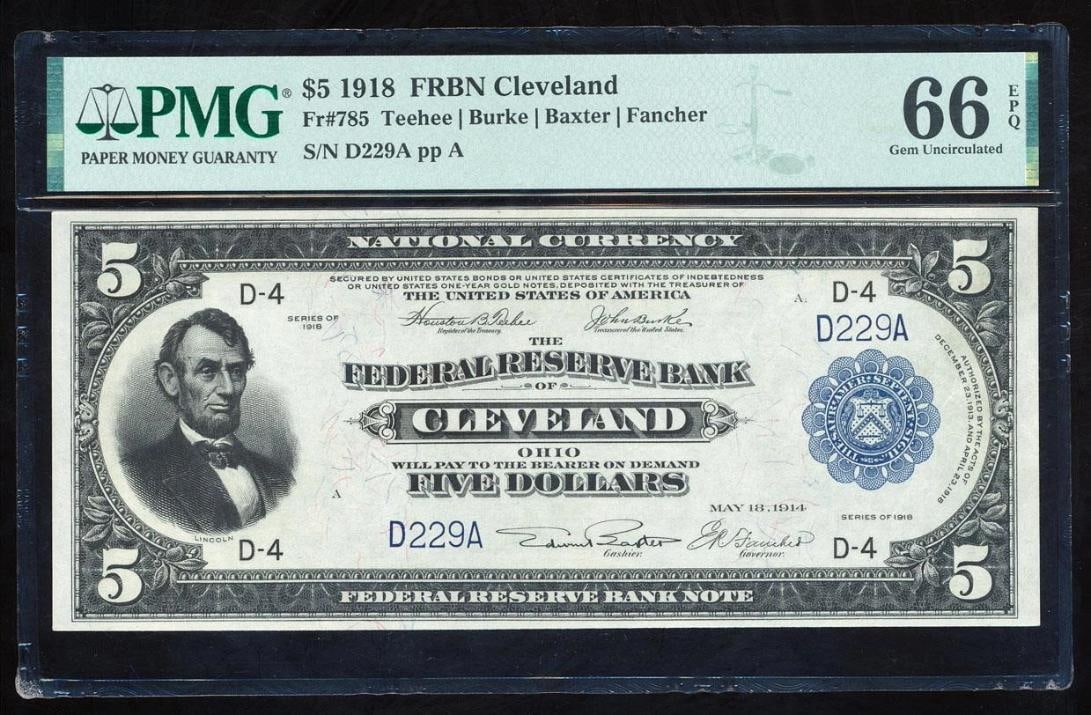 1918 $5 Cleveland FRBN PMG 66EPQ