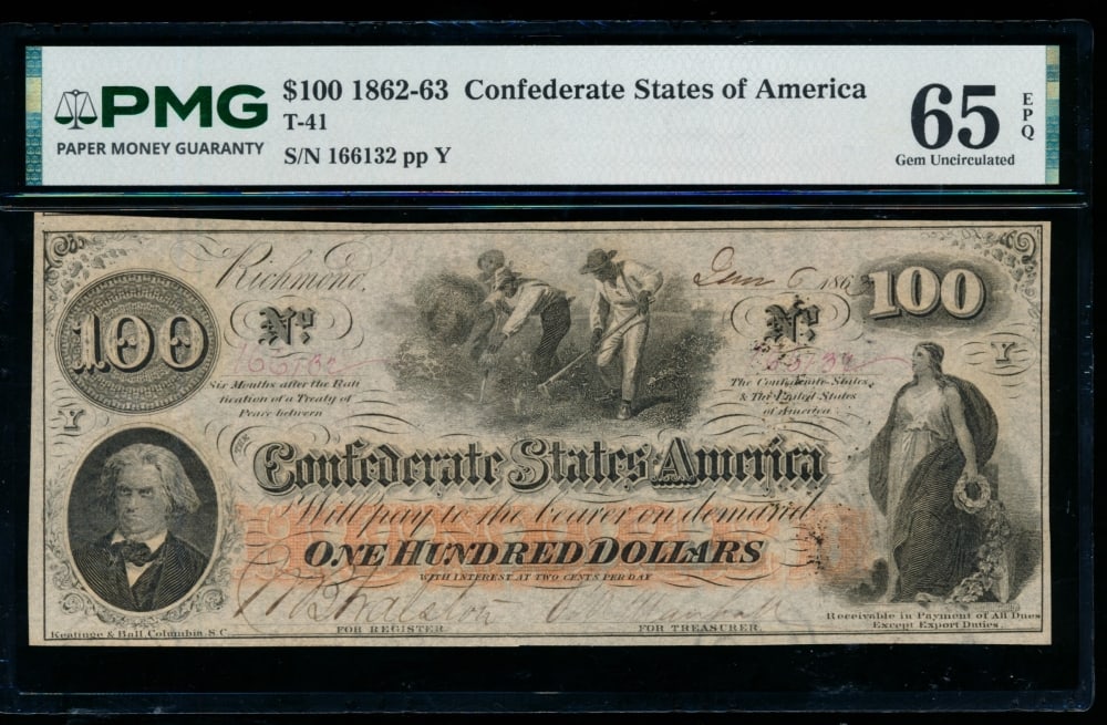 1862-63 $100 T-41 Confederate PMG 65EPQ (1 of 2)
