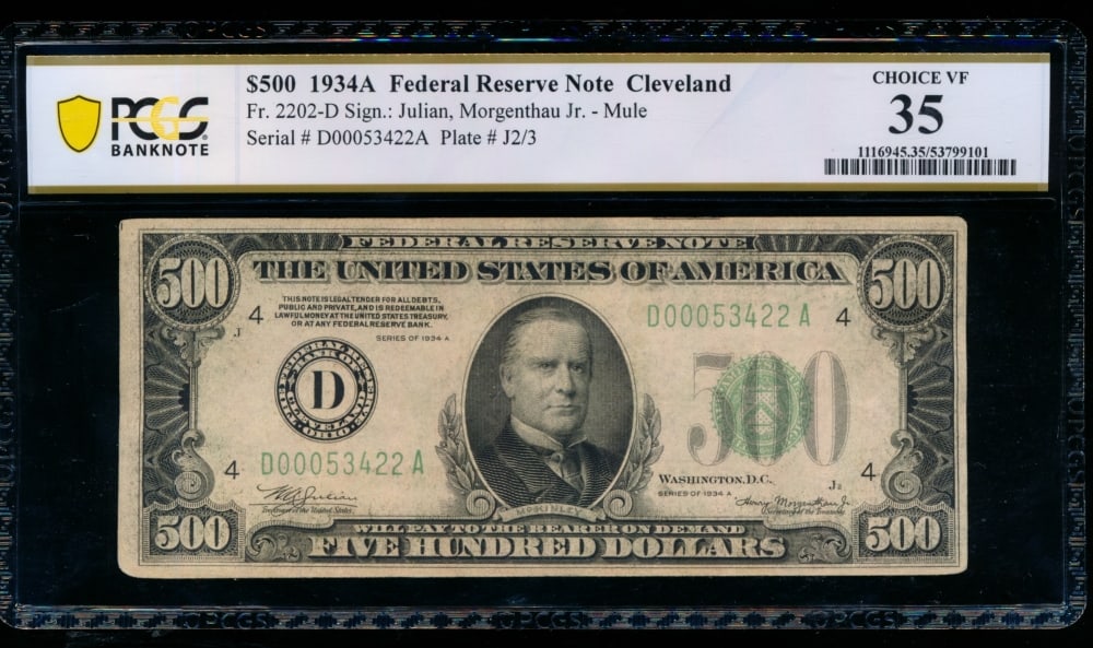 1934A $500 Cleveland FRN PCGS 35
