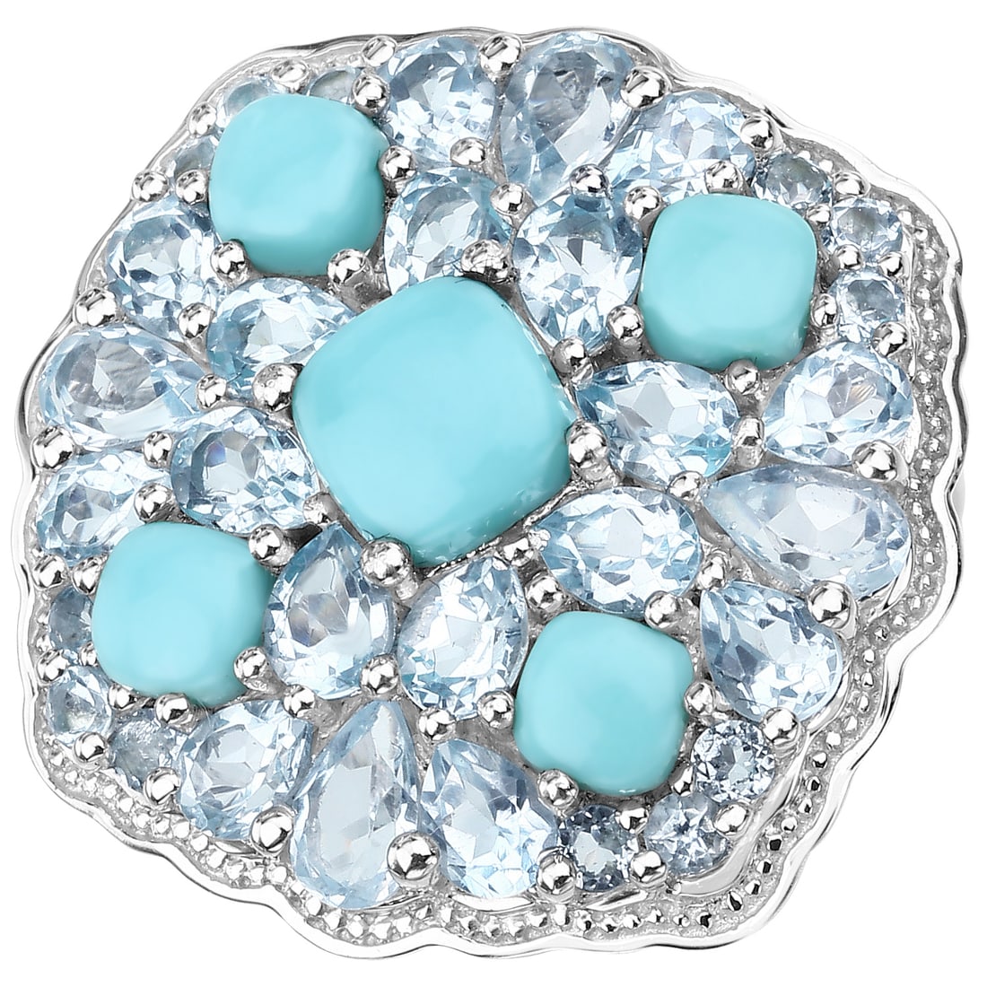 Plated Rhodium 1.87ctw Turquoise and Blue Topaz Ring: 6.18 Carat Genuine Turquoise and Blue Topaz.925 Sterling Silver Ring. Turquoise Cushion/6.00mm - 1/0.75 ctw Prong Setting Natural Stabilized E + Turquoise Cushion/4.00mm - 4/1.12 ctw Natural Stabilize