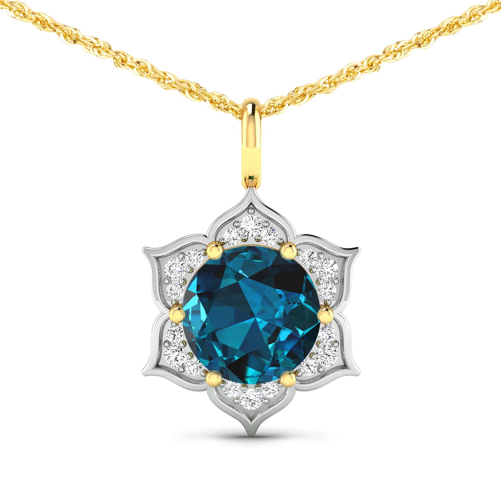 14KT Yellow Gold 2.05ctw London Blue Topaz and Diamond Pendant: London Blue Topaz Round 8.00mm - 1Pc + White Diamond F/C Round 1.30mm - 6Pcs + White Diamond F/C Round 1.10mm - 12Pcs ( White Pan Rhodium ) (SI2/HI color) Total weight of gemstone is 2.05cts. Total Di