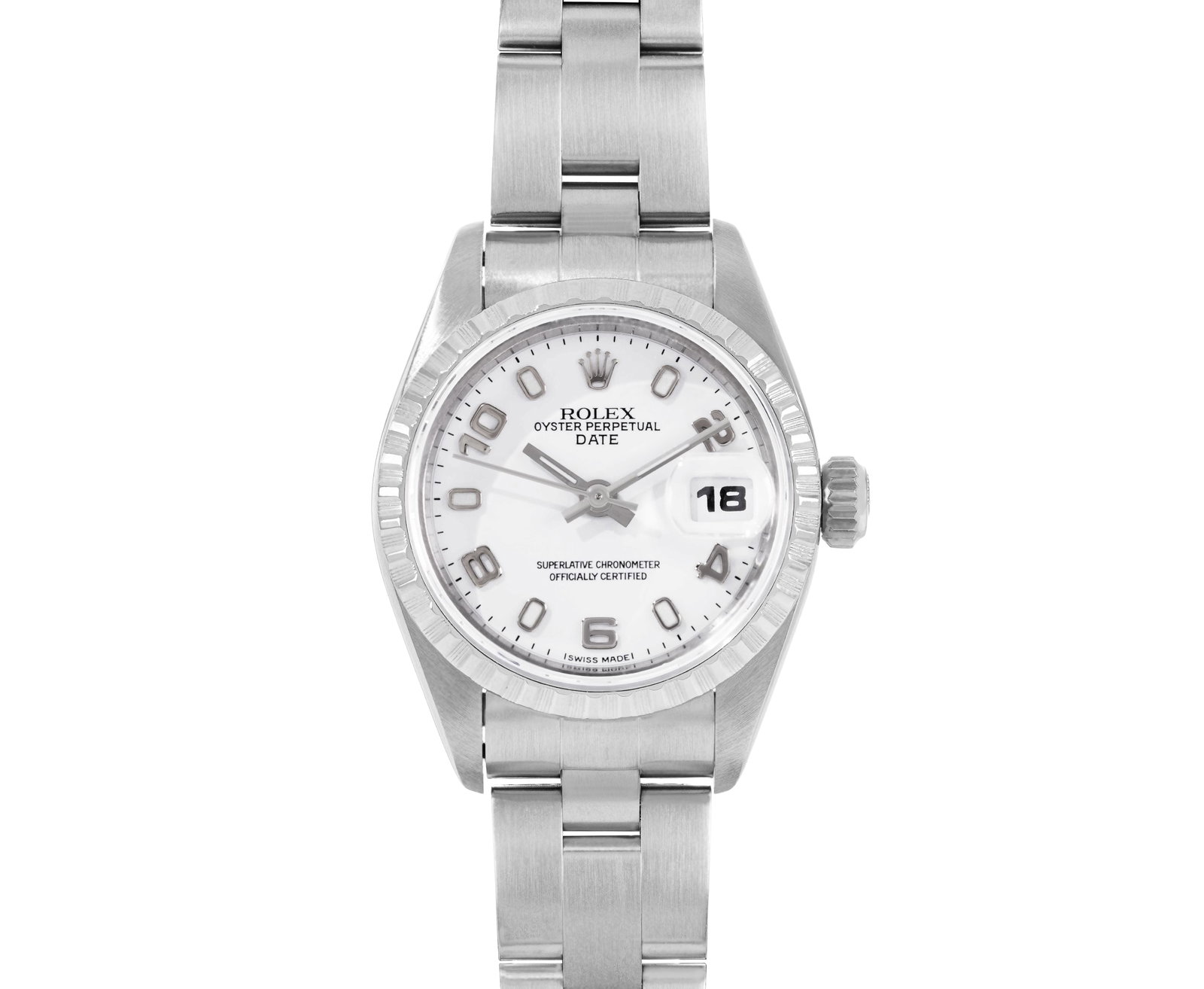Rolex Ladies Stainless Steel White Arabic Dial Engine Turn Quickset Date Watch: This Lady Rolex Quickset Sapphire Date watch features a white dial with Arabic hour markers and a sapphire crystal, with a magnified date window. The timepiece has a Rolex stainless steel engine turn 