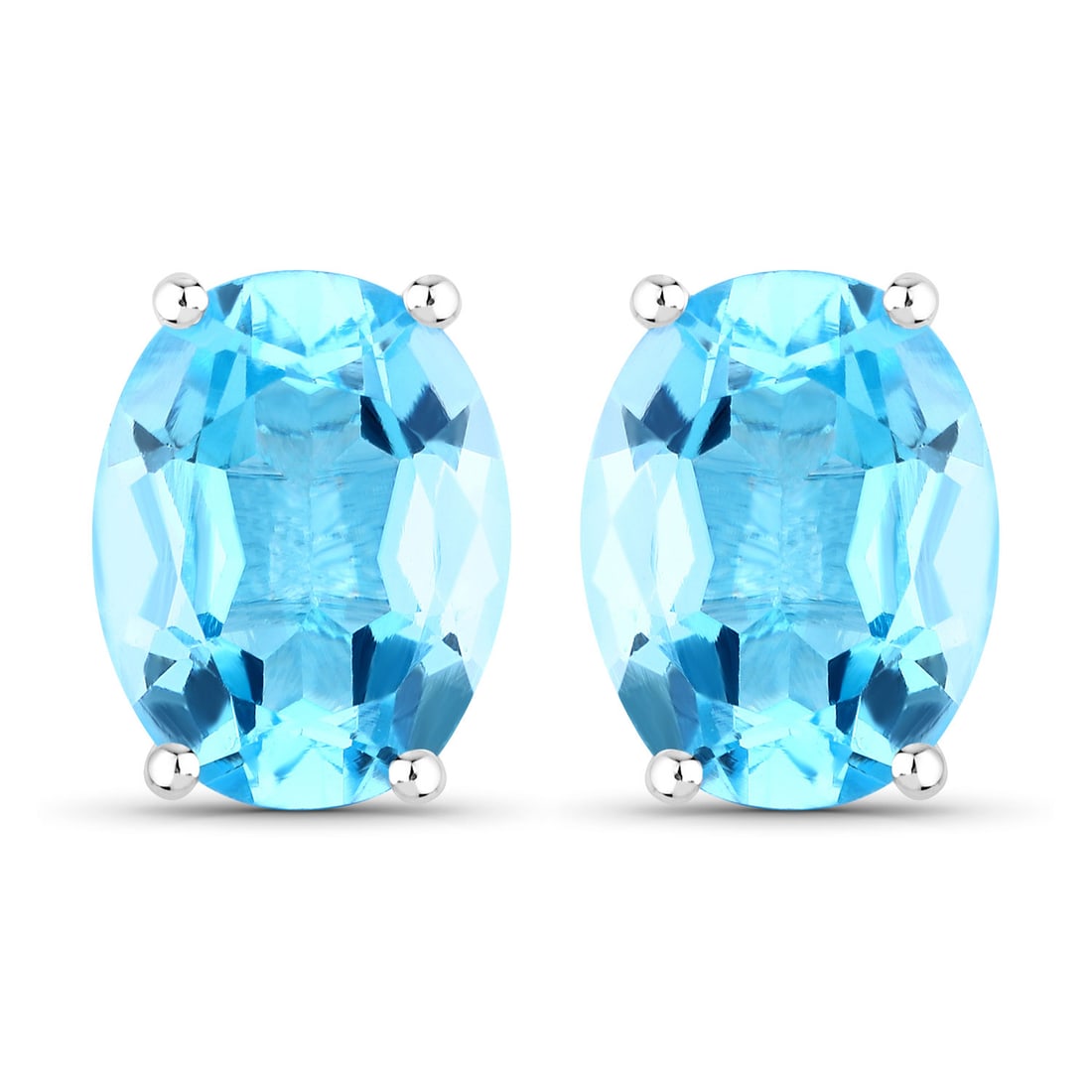 Plated Rhodium 4.00ctw Swiss Blue Topaz Earrings: These rhodium?plated .925 sterling silver stud earrings showcase a bold 4.00 ctw of natural Swiss blue topaz, featuring two 9?7 mm oval stones set in secure prongs for vivid, icy?blue brilliance. With