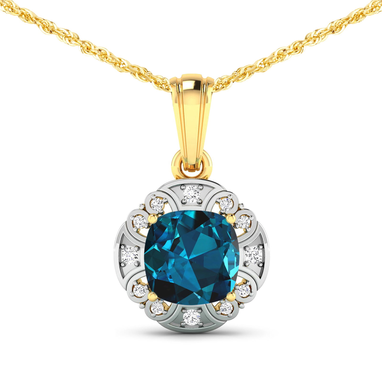14KT Yellow Gold 2.15ctw London Blue Topaz and Diamond Pendant: London Blue Topaz Cushion 8.00mm - 1Pc + White Diamond F/C Round 1.50mm - 4Pcs + White Diamond F/C Round 1.00mm - 8Pcs ( White Pan Rhodium ) ( SI-2/HI ) Total weight of gemstone is 2.15cts. Total Diam