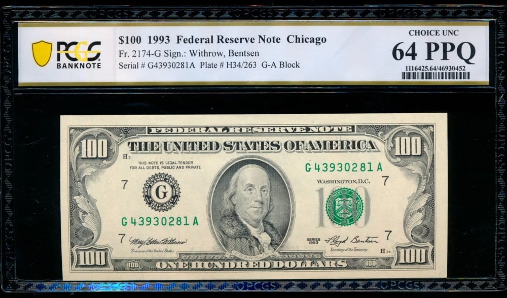 1993 $100 Chicago FRN PCGS 64PPQ