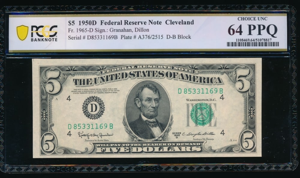 1950D $5 Cleveland FRN PCGS 64PPQ