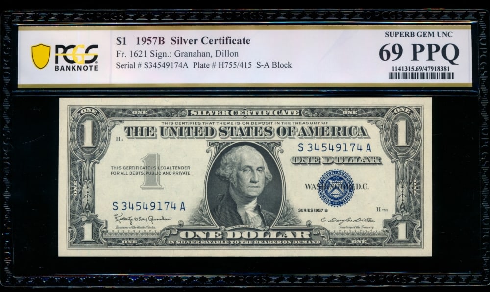 1957B $1 Silver Certificate PCGS 69PPQ: One 1957B $1 Silver Certificate PCGS 69PPQ.